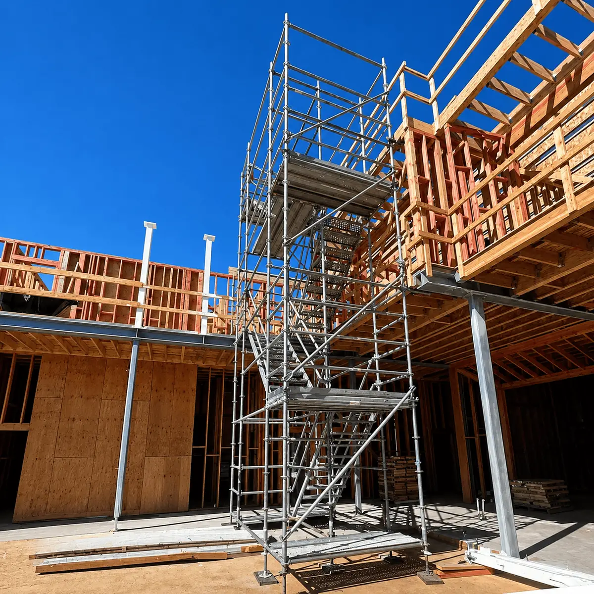 Scaffold stair tower inside a wood-framed building under construction in Anaheim