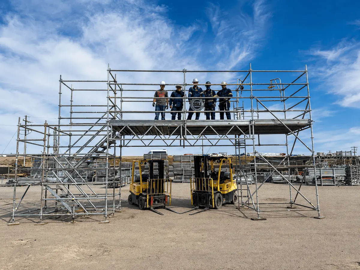 Scaffolding 24/7 crew standing on a scaffold platform in the equipment yard
