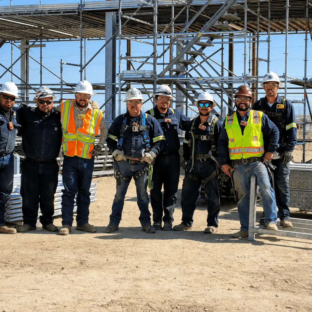 Scaffolding 24/7 crew in hard hats and harnesses in front of a large scaffold structure