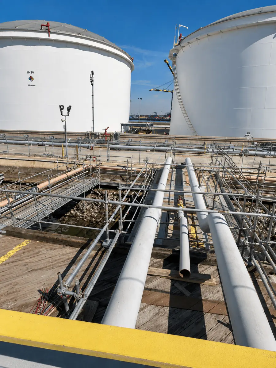 Industrial scaffolding around storage tanks and pipe racks on a San Bernardino job site